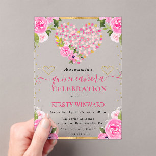 Watercolor Pink Gold Hearts Flowers Quinceanera Acrylic Invitations