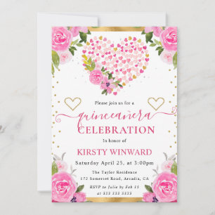 Watercolor Pink Gold Hearts Flowers Quinceanera Invitation