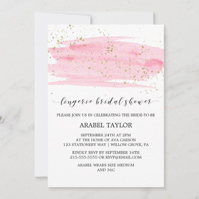 Watercolor Pink & Gold Lingerie Bridal Shower Invitation (Front)