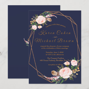 Watercolor Pink Gold Navy Boho Chic Floral Wedding Invitation