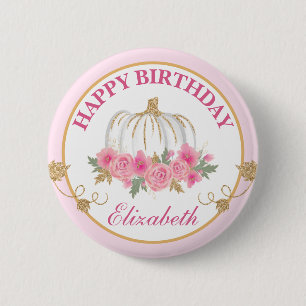 Watercolor Pink & Gold Pumpkin Happy Birthday 6 Cm Round Badge
