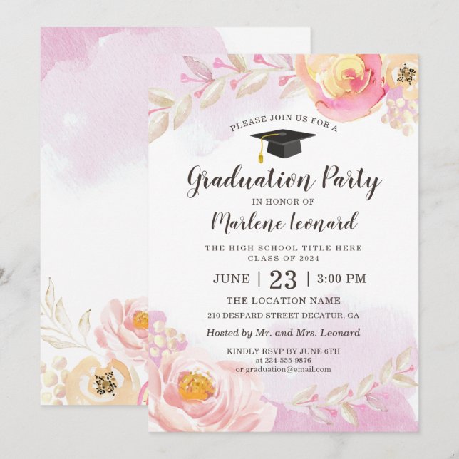 Watercolor Pink Gold Rose Garden Graduation Party Invitation (Front/Back)