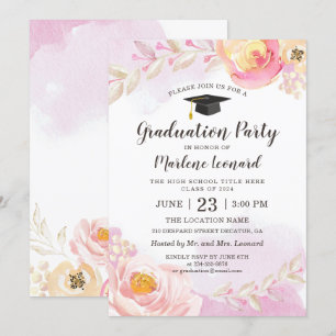 Watercolor Pink Gold Rose Garden Graduation Party Invitation