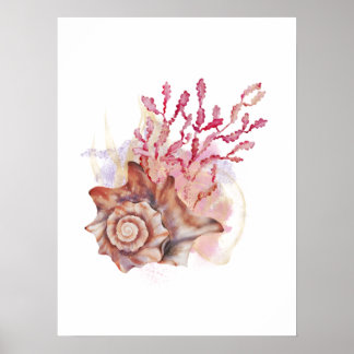 Watercolor Pink & Gold Seashell Modern Wall Art