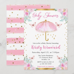 Watercolor Pink Gold Spring Umbrella Baby Shower Invitation