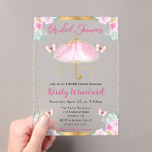 Watercolor Pink Gold Spring Umbrella Bridal Shower Acrylic Invitations