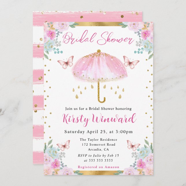 Watercolor Pink Gold Spring Umbrella Bridal Shower Invitation (Front/Back)