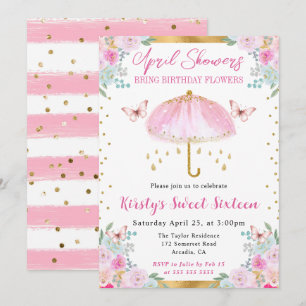 Watercolor Pink Gold Spring Umbrella Sweet Sixteen Invitation