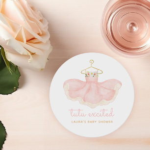 Watercolor Pink & Gold Tutu Excited Baby Shower Round Paper Coaster