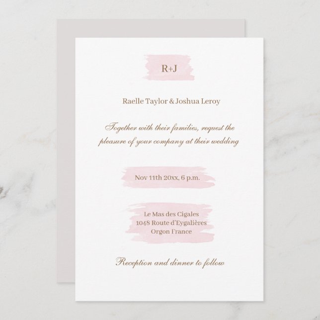 Watercolor Pink Gold White Grey Elegant Wedding Invitation (Front/Back)