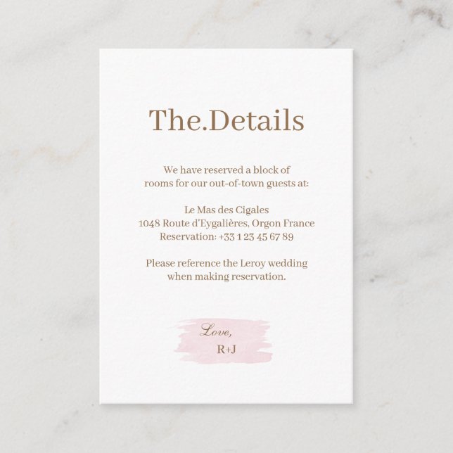 Watercolor Pink Gold White Wedding Hotel Detail Enclosure Card (Front)