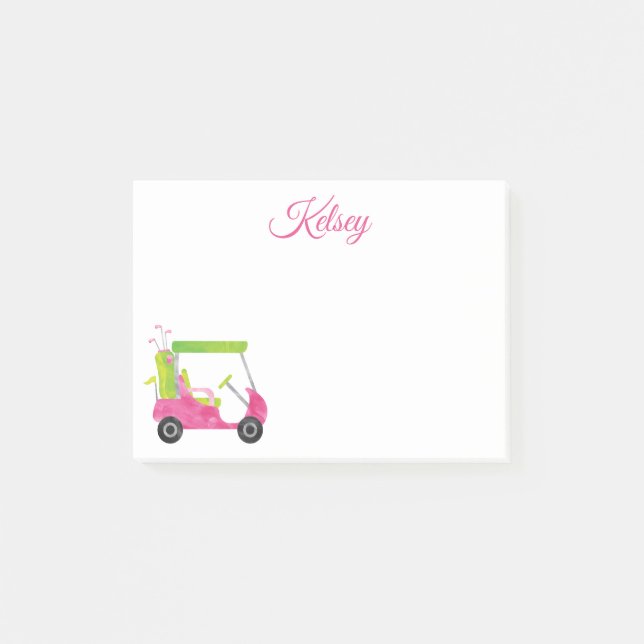 Watercolor Pink Golf Cart Personalised Post-it Notes (Front)