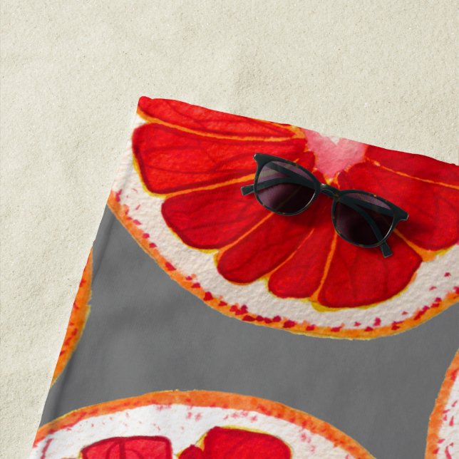 Watercolor pink grapefruit slice art beach style towel (In Situ)
