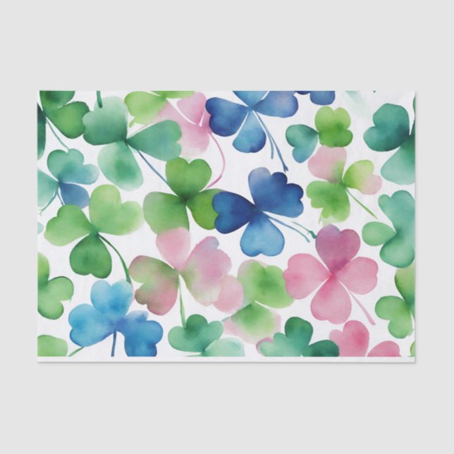 Watercolor Pink Green Blue Shamrock Tissue Paper (Front)
