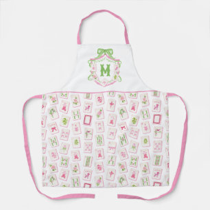 Watercolor Pink & Green Bow Mahjong Monogram Crest Apron