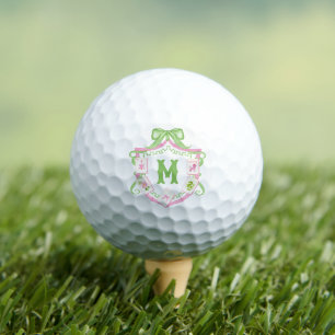Watercolor Pink & Green Bow Mahjong Monogram Crest Golf Balls