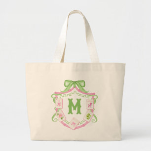 Watercolor Pink & Green Bow Mahjong Monogram Crest Large Tote Bag