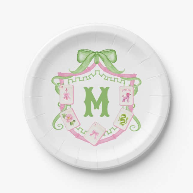 Watercolor Pink & Green Bow Mahjong Monogram Crest Paper Plate (Front)