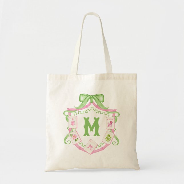 Watercolor Pink & Green Bow Mahjong Monogram Crest Tote Bag (Front)