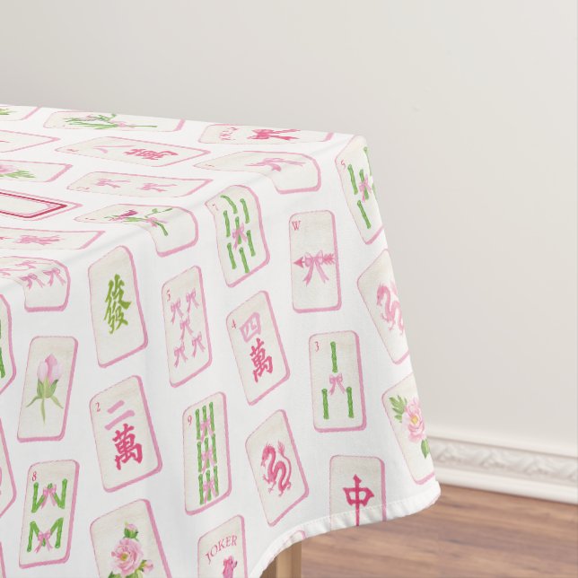 Watercolor Pink & Green Bow Mahjong Tablecloth (In Situ)