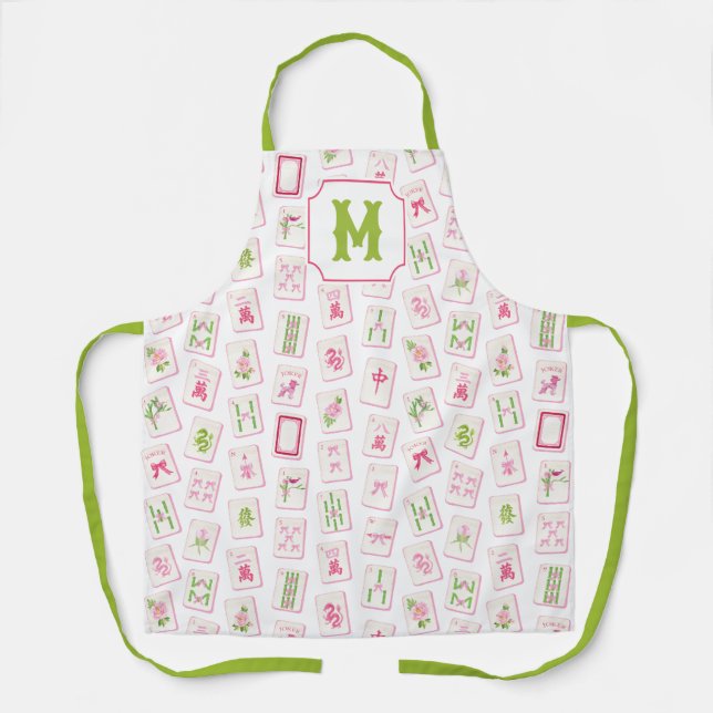Watercolor Pink & Green Bow Mahjong Tiles Monogram Apron (Front)