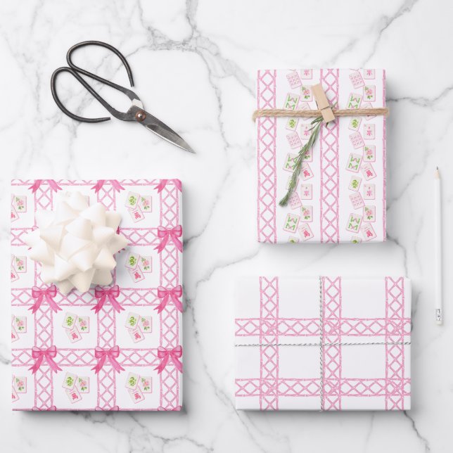 Watercolor Pink & Green Bow Mahjong Wrapping Paper Sheet (Front)