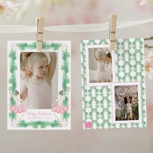 Watercolor Pink & Green Christmas Ballerinas Photo Holiday Card