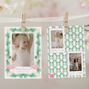 Watercolor Pink & Green Christmas Ballerinas Photo Holiday Card
