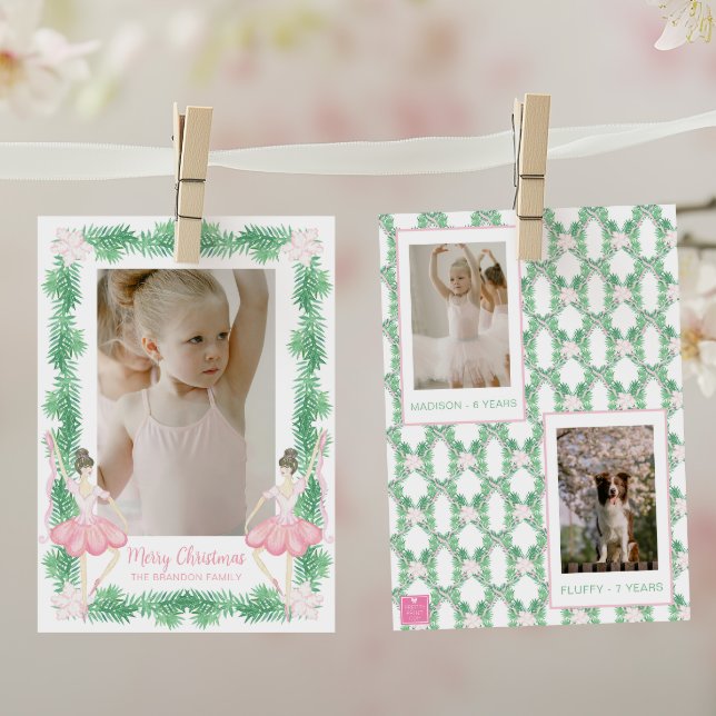 Watercolor Pink & Green Christmas Ballerinas Photo Holiday Card (Creator Uploaded)