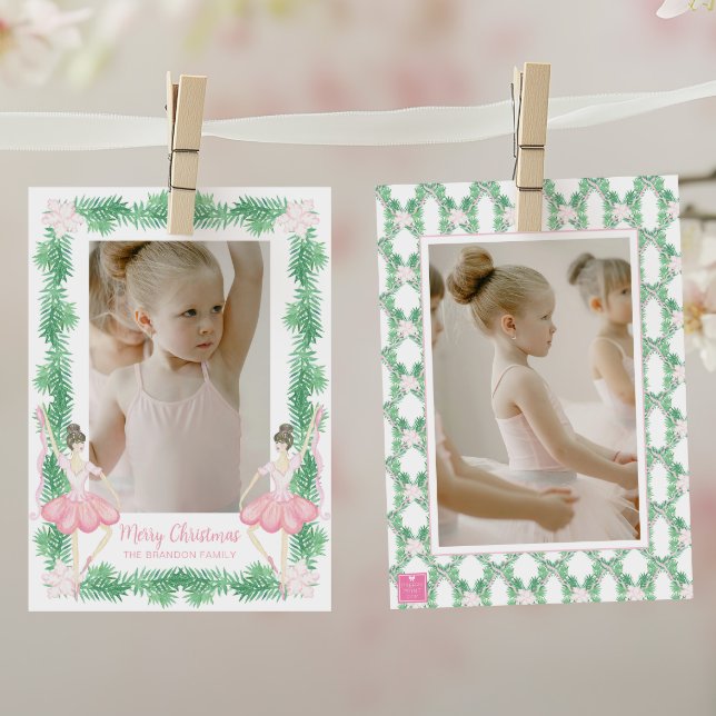 Watercolor Pink & Green Christmas Ballerinas Photo Holiday Card (Creator Uploaded)
