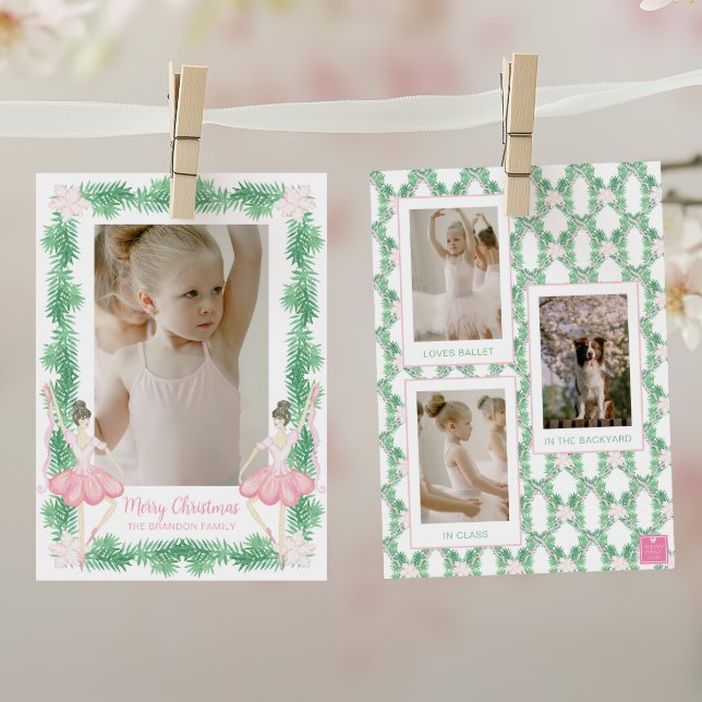Watercolor Pink & Green Christmas Ballerinas Photo Holiday Card (Creator Uploaded)