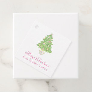 Watercolor Pink & Green Christmas Bow Tree Favour Tags