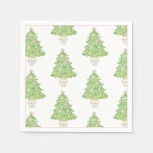 Watercolor Pink & Green Christmas Bow Tree Napkin
