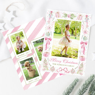 Watercolor Pink & Green Christmas Frame Photo Holiday Card