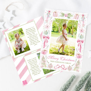 Watercolor Pink & Green Christmas Frame Photo Holiday Card