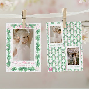 Watercolor Pink & Green Christmas Garland Photo Holiday Card
