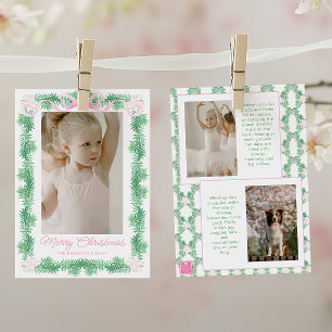 Watercolor Pink & Green Christmas Garland Photo Holiday Card