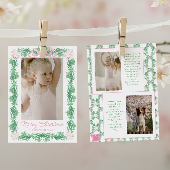 Watercolor Pink & Green Christmas Garland Photo Holiday Card (Creator Uploaded)