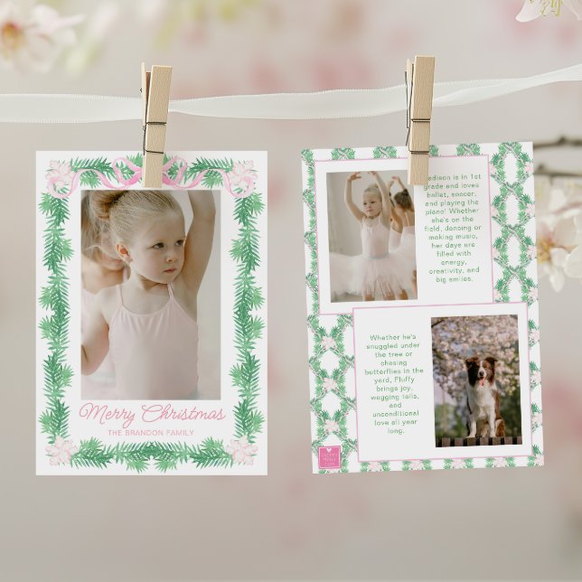Watercolor Pink & Green Christmas Garland Photo Holiday Card (Creator Uploaded)
