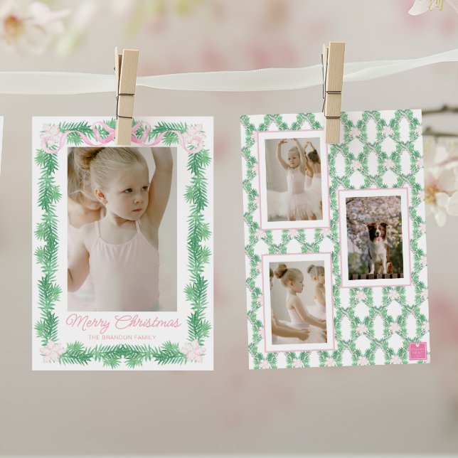 Watercolor Pink & Green Christmas Garland Photo Holiday Card (Creator Uploaded)