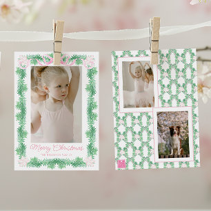 Watercolor Pink & Green Christmas Garland Photo Holiday Card