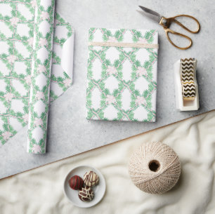 Watercolor Pink & Green Christmas Garland Wrapping Paper