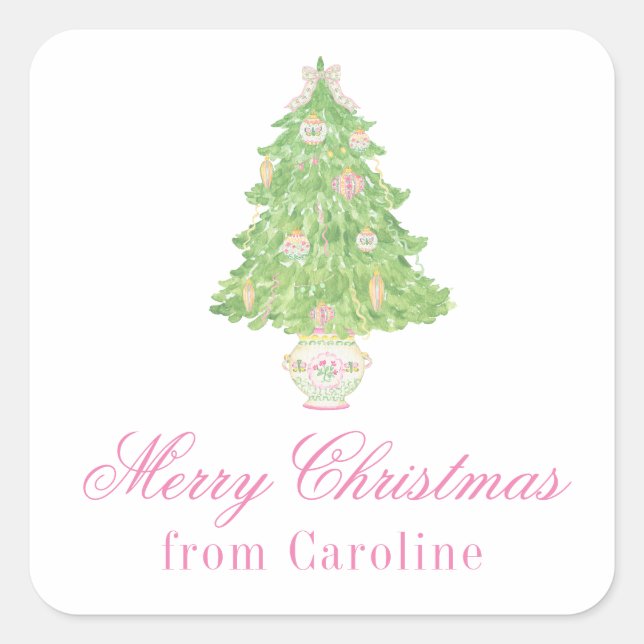 Watercolor Pink & Green Christmas Ginger Jar Tree Square Sticker (Front)