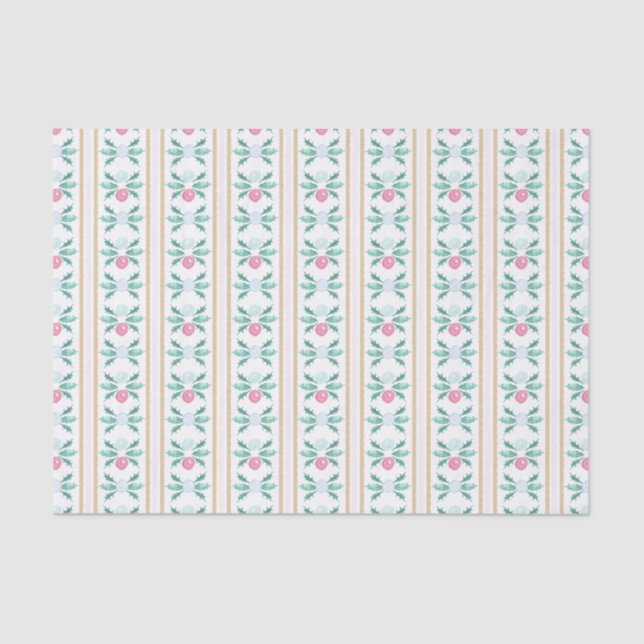 Watercolor Pink & Green Christmas Grandmillennial Tissue Paper (Front)