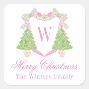 Watercolor Pink & Green Christmas Monogram Crest Square Sticker