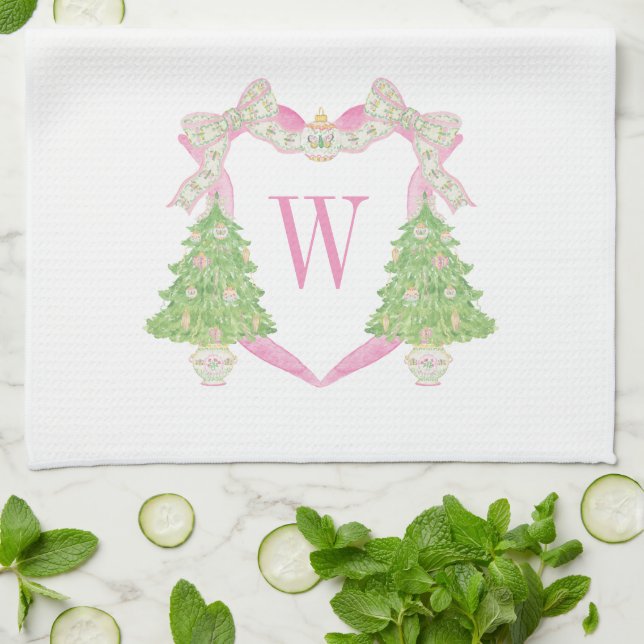 Watercolor Pink & Green Christmas Monogram Crest Tea Towel (Folded)