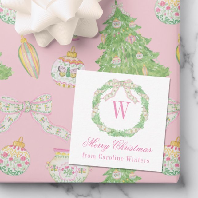 Watercolor Pink & Green Christmas Monogram Wreath Card (Creator Uploaded)