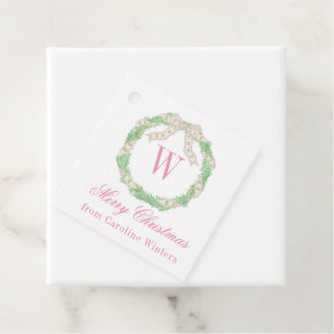 Watercolor Pink & Green Christmas Monogram Wreath Favour Tags