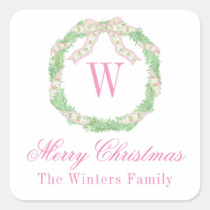 Watercolor Pink & Green Christmas Monogram Wreath Square Sticker