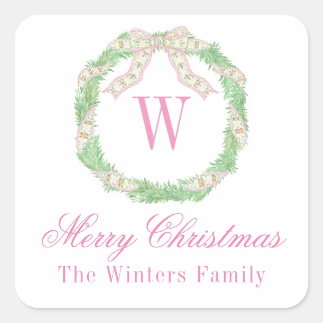 Watercolor Pink & Green Christmas Monogram Wreath Square Sticker (Front)